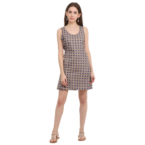 Mix Colours Cotton Printed Casual Wear Grey Sleeveless Dress
