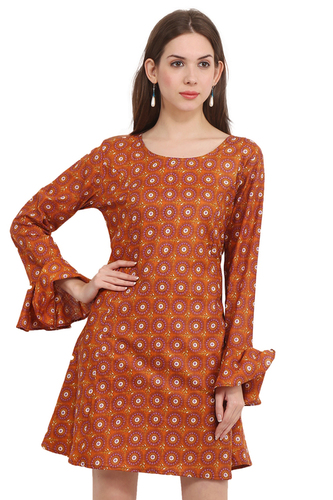 Mix Colours Cotton Printed Formal Wear Orange Butterfly Sleeve Dress