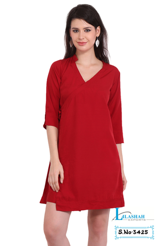 Mix Colours Poly Crepe Solid Women Three Quarter Sleeve Red Cimono Dress