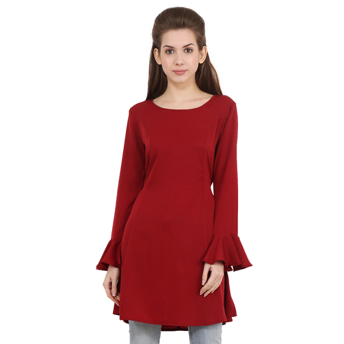 Mix Colours Poly Crepe Solid Women Full Sleeve Red Dress