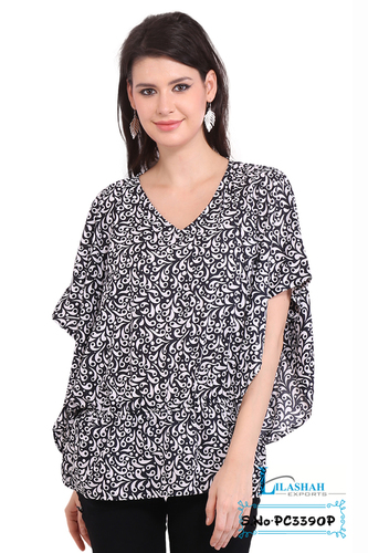 Mix Colours Poly Crepe Printed Black Balloon Short Sleeve Round Neck Top