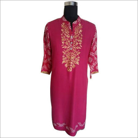 Cotton Slub Kurti - Slub Cotton, Pink, V-Neck, Three-Quarter Sleeves | Stylish Printed Design, Comfortable Fit