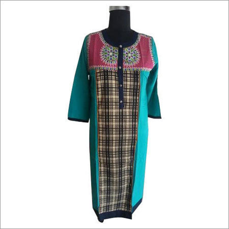 Hand Block Printed Kurti - Cotton Blend, Teal, Three-Quarter Sleeves | Stylish Design, Comfortable Fit, Unique Pattern