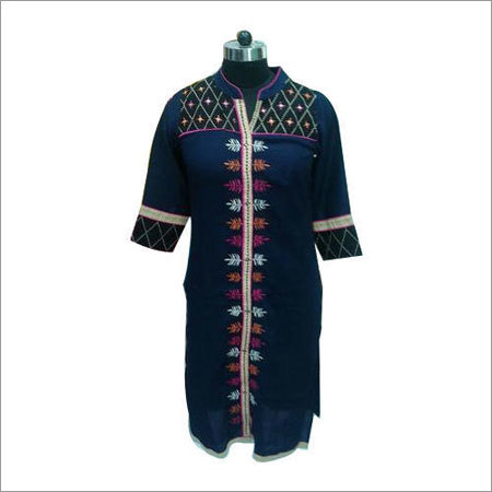 Jaipuri Kurti - Premium Cotton, Knee Length, Navy Blue | Jaipuri Embroidery, Elegant Design, Colorfast, Durable, Comfortable, Three-Quarter Sleeves