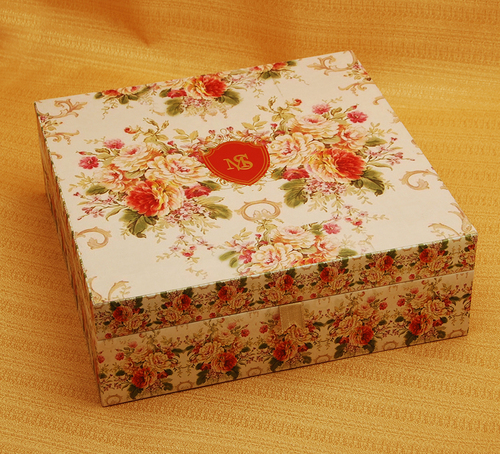 Floral Printed Wedding Card Boxes - MDF Board, 9"x9"x3" Size with 3 Inserts & Golden Tray for Sweets | Handmade, Hot Stamping, Lamination, Silk Screen Finish