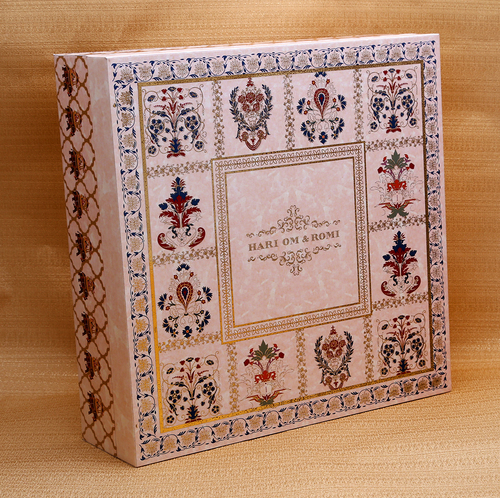 Designer Wedding Card Box - MDF Board 10"x10"x3" , Handmade Royal Theme with Gold Foil Work and Three Gold Foil Border Inserts