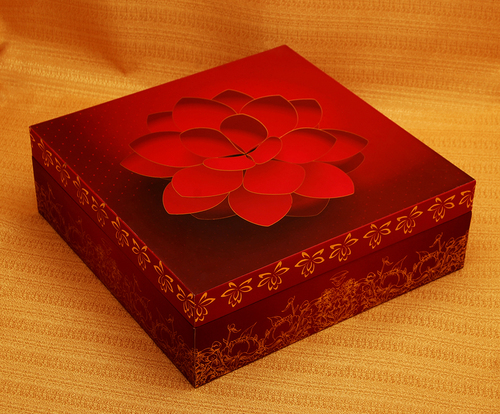 Lotus Flower Wedding Card Box - MDF Board, 9x9x3 inches | Handmade with Gold Foil Hot Stamping, 3 Inserts with Glittering Edges, Golden Tray for Nuts or Sweets