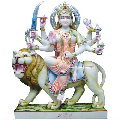 Marble Durga - 30 Inches White Marble, Hand-Carved, Polished Finish, Intricate Details, Durable