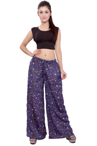 Mix Color Poly Crepe Flower Print Women Blue Palazzo
