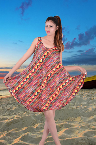 Mix Colours Poly Crepe Printed Umbrella Dress