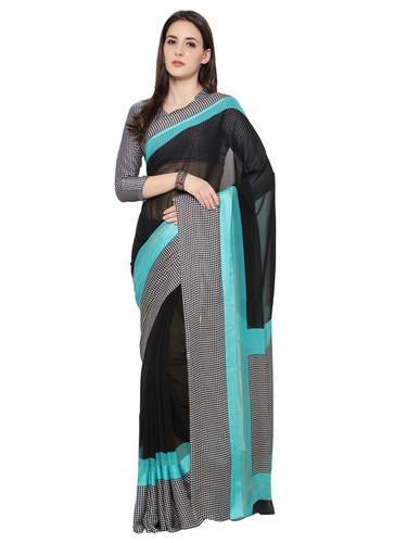 Designer Indian Sarees - Georgette Fabric, Contrast Stripe Print With Checks Border, Elegant Black Color
