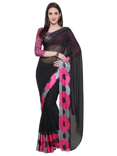 Indian Saree Collections - Georgette Material, Black Color | Geometrical Contrast Print With Satin Jari Border