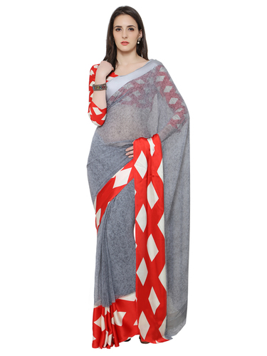 Sarees Collection Online - Georgette Material, Grey Color | Geometrical Contrast Print With Satin Jari Border