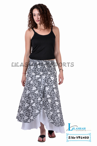 Summer Cotton Printed Casual Wear Women Black/White Color Long Skirt