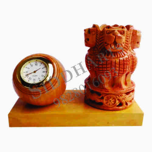 Wooden Desktop Clock With Ashoka Pillar Pen Stand