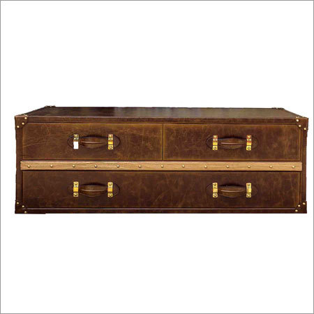 Coffee Table (Pahal) - Leather & Wood, 48x24x18 Inches, Brown Matte | Two Drawers, Spacious Storage, Vintage Style