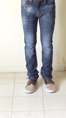 DENIM STRAIGHT LEG JEANS - 98% Cotton, Mid-Rise, Navy Blue with Whiskering Effect | No Fade, Non-Toxic, Washable