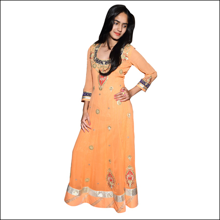 Anarkali Handwork Suit - Silk, Sizes S/M/L, Color Cream | Full Sleeves, Quick Dry, Washable, Light Weight, Colorfast, Printed Pattern, Ethnic Style