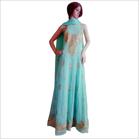 Handwork Anarkali Suit - Silk Fabric, Size: S/M/L, Color: Sky Blue | Quick Dry, Washable, Elegant Design with Striking Lace Decoration