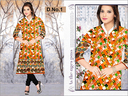 Jaipuri Kurti - Cotton, XL Size, Orange Color | Full Sleeves, Printed Flower Motifs, Round White Collar, Ideal for Daily Wear