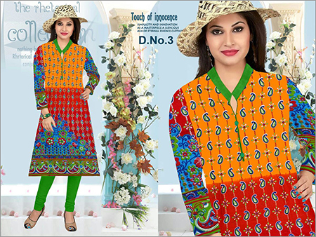 Jaipuri Kurti - Cotton, XL Size | Rich Red Multi Printed Design with Green Collar, Long Sleeves for Stylish Summer Casual Wear