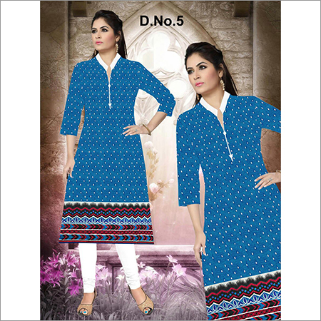 Jaipuri Kurti - Cotton Fabric, Size XL, Blue with Sky Blue Printed Motifs | Elegant Full Sleeves, Collar Neck, Ideal for Daily Wear and Festive Occasions
