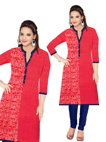 Printed Kurti - Cotton Satin Full Sleeve Floral Print, Sizes L & XXL, Colors: Orange, Red, Green, Pink | Elegant Collar Neck with Button Detail