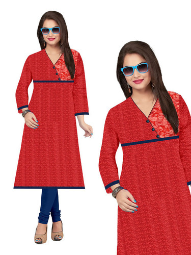 Printed Kurti - Cotton, Size L-XL, Green Color with Floral Print, Full Sleeves, V Neck Style, Ideal for Casual and Festive Wear