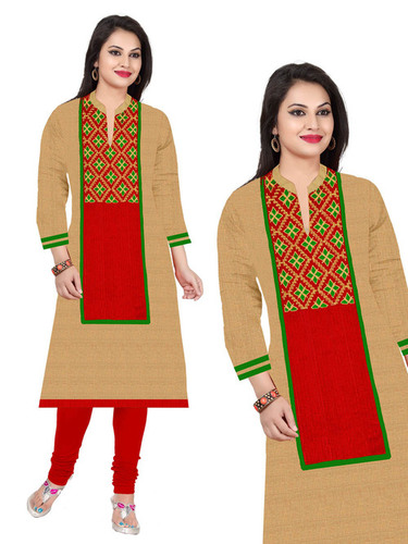 Cotton Kurti - Size XL/XXL, Biscuit Color with Multi Embroidered Geometric Design Motifs, Long Sleeves for Casual and Formal Wear