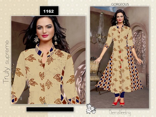 Printed Kurti - Heavy Rayon, Size XL/XXL, Purple/Red/Blue/Orange Colors | Sleeveless, Round Neck, Embroidered White Floral Motifs, Casual/Party Wear