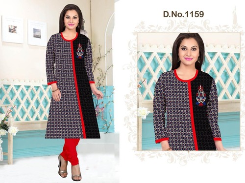 Rayon Printed Kurtis - Rayon Fabric, Size XL/XXL, Color Black & White with Pink Floral Embroidery, Full Sleeves, Casual & Party Wear