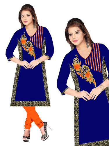 Cotton Kurti - Cotton Fabric, Size XL/XXL | Rich Blue and Orange Color, Embroidered Flower Motifs, Full Sleeves, V Shape Neck, Modern Style