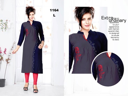 Silk Kurti - Silk Cotton Fabric, Size XL/XXL, Tomato Red Color | Full Sleeves, Black Golden Embroidered Butta, Printed Inner