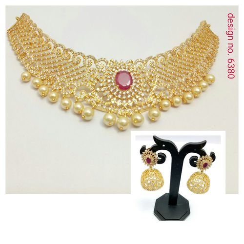Necklace Set - Alloy, 16 Inches, Gold Plated, Cubic Zirconia, Gold Color | Elegant Design, Dangling Earrings, Matching Set, Party Wear