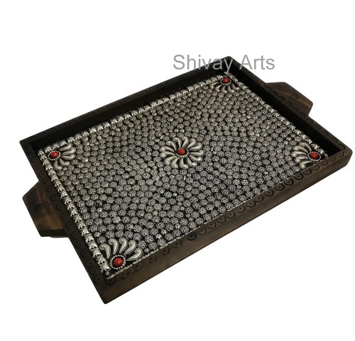 Wooden & White Metal Serving Decorative Tray
