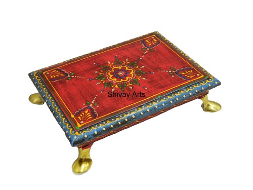 Wooden Multicolor Fine Emboss Painted Pooja Chowki Bajot