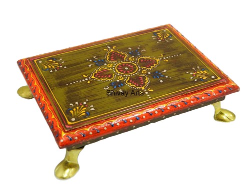 Wooden Multicolor Fine Emboss Painted Pooja Chowki Bajot
