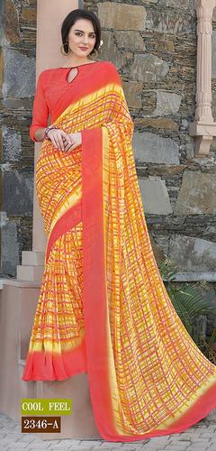 COOL FEEL 2346-A - Georgette Printed Saree 5.5 Mtr + 0.80 Blouse , Yellow Color for Daily Wear, Summer Style, Bollywood Pattern, Washable Fabric