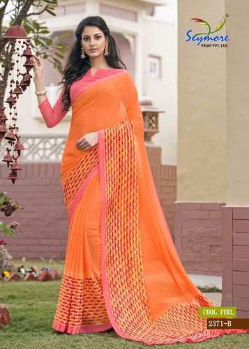 Party Wear Digital Print Saree - Georgette Fabric, 5.5 Mtr Length + 0.80 Mtr Blouse, Vibrant Orange Color | Trendy Bollywood Style, Skin-Friendly Comfort, Elegant Printed Design