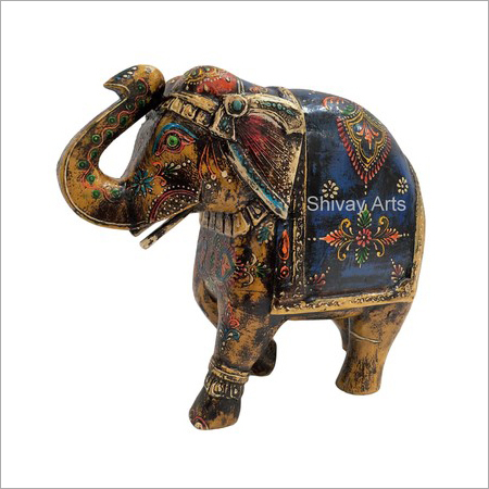 Wooden Multicolor Fine Emboss Elephant Showpiece Figurine Statue