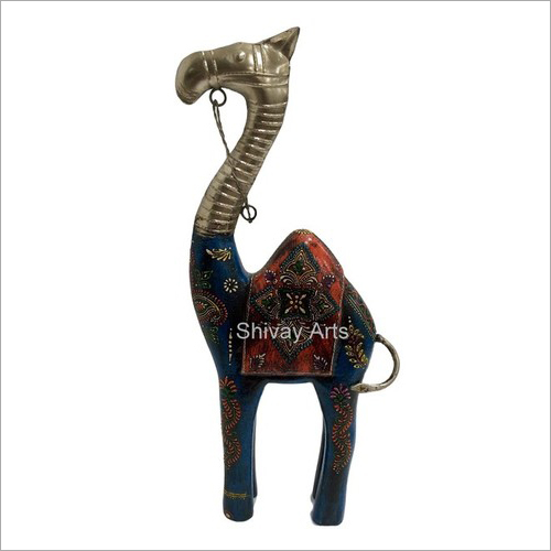Wooden & Iron Multicolor Fine Emboss Camel Showpiece Figurine Statue 7 x 2 x 15'