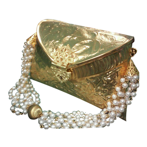 Golden Metal Beaded Handbag With Glass Beads Chain