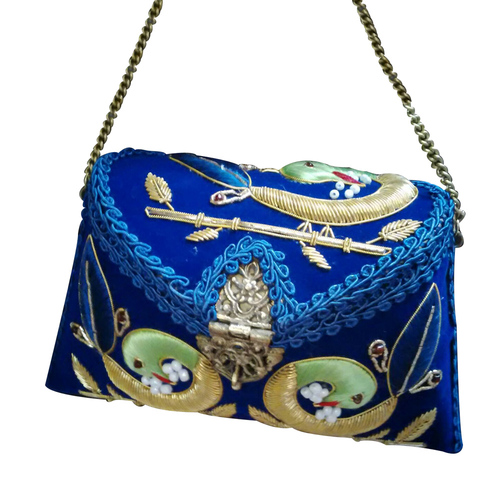 Blue Samosa Design Brass Handbag With Meta Handel Chain