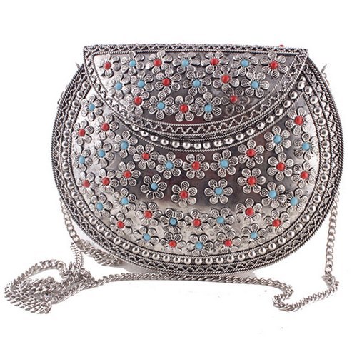 Multi Glass Beaded Embroidery Metal Handbag