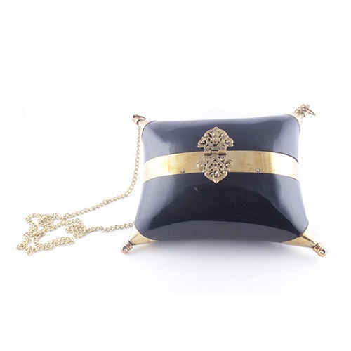 Black Color Metal Handbag With Long Metal Chain