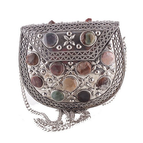 Silver Metal Glass Stone Beaded Shoulder Handbag With Long Chain
