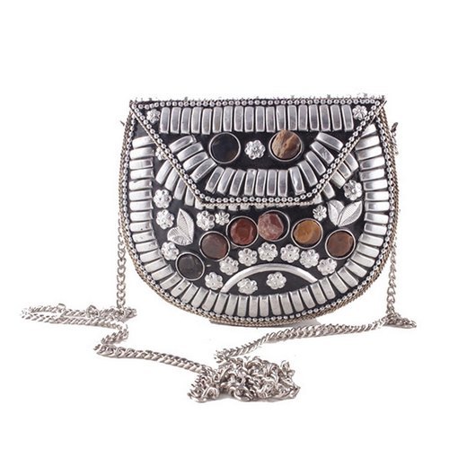 Silver Glass Stone Beaded Hand Embroidery Metal Handbag