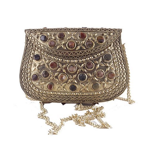 Gold Color Metal Handbag With Stone Beaded and Long Chain