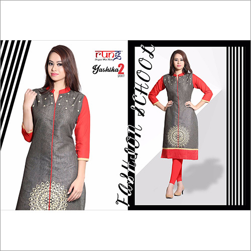 Kurti-13 - Cotton Blend, 44 Inches, Gray | Stylish Design, Comfortable Fit, Elegant Look, Versatile Style, Three-Quarter Sleeve