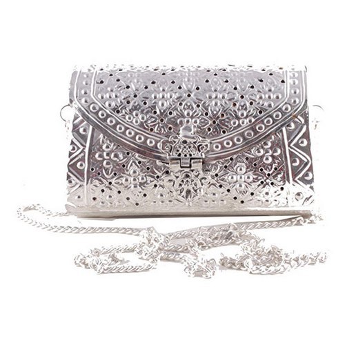 Fashion Bags Silver Metal Embroidery Shoulder Handbag With Metal Long Chain